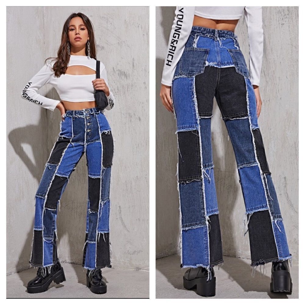 Shein Patchwork Distressed Black & Blue Denim High Waist Button Fly Flare Jeans
